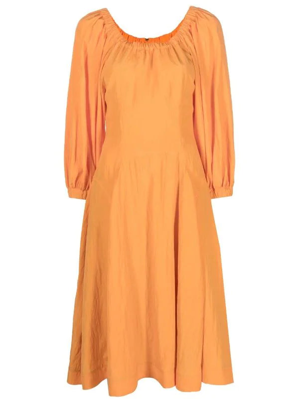 Puff-sleeves midi dress, orange