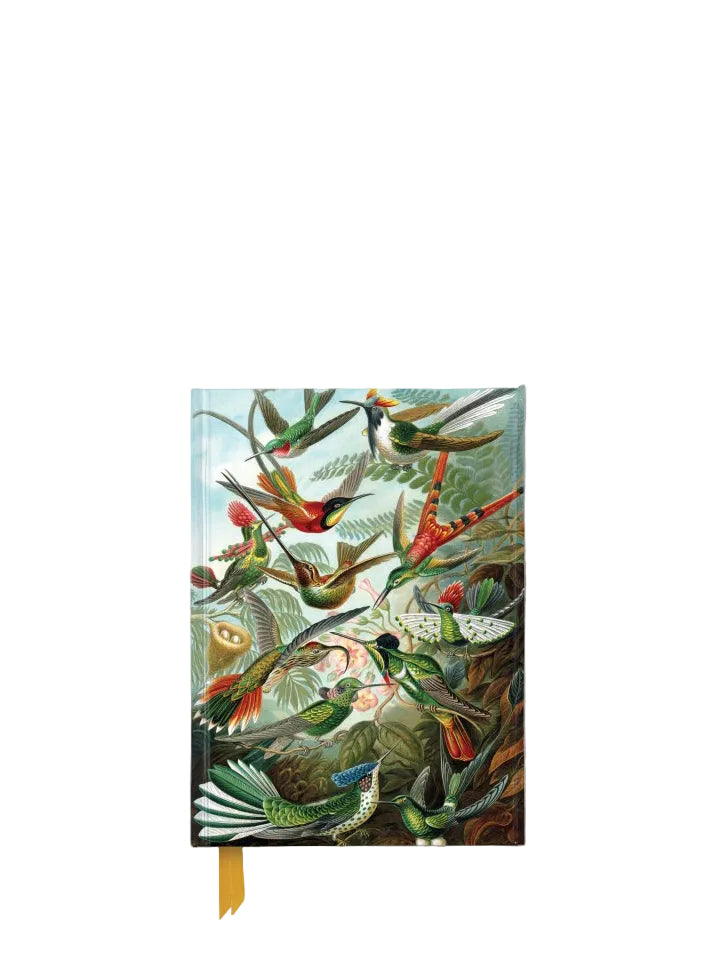 Notebook cover with colorful bird illustration on a white background