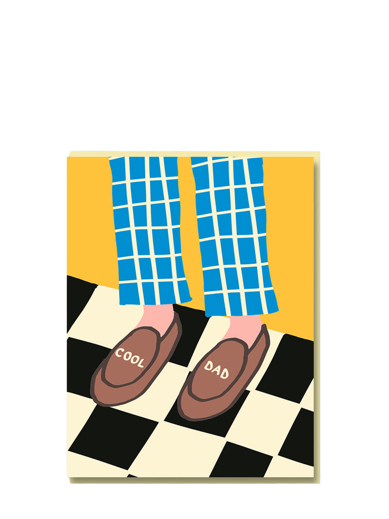 Illustration of feet wearing blue checkered pants and brown shoes with 'COOL DAD' text on a yellow and black checkered floor.