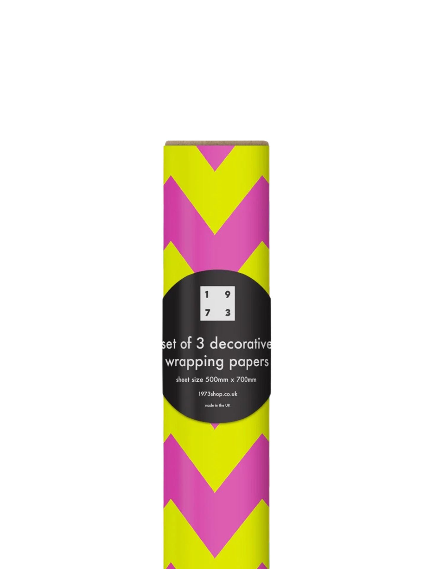 Packaging of set of 3 decorative wrapping papers with pink and yellow chevron pattern on a white background.