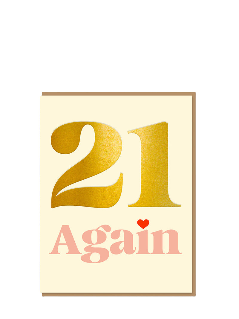 Card with gold number '21' and pink text 'Again' on a beige background