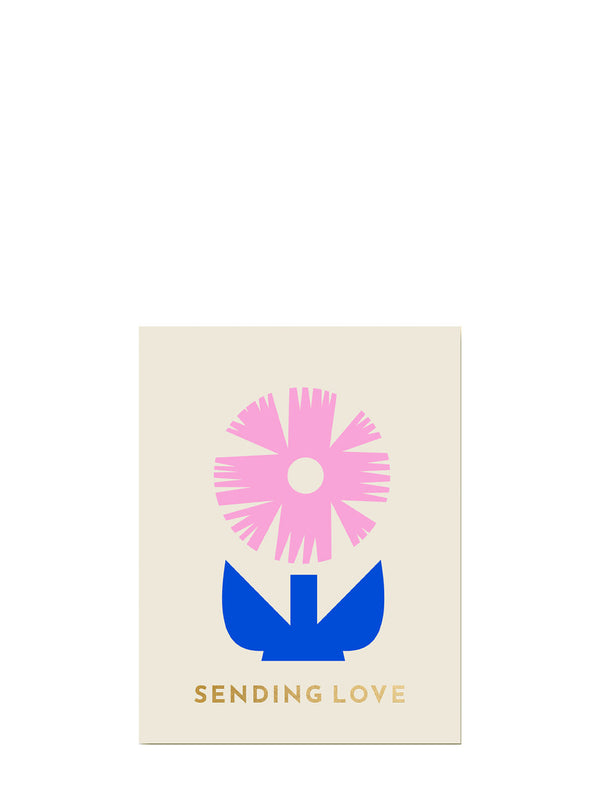 Card with pink flower and blue bird design on a beige background with 'Sending Love' text.