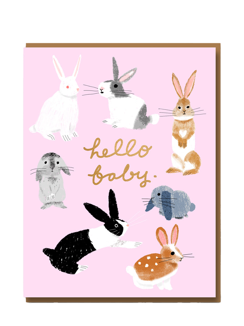 Greeting card with a pink background featuring various illustrations of bunnies in a line, with the text 'Hello baby.