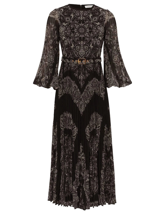 Sunray Long Sleeve Midi Dress, Black Paisley