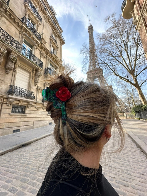 Origami red rose stem hair claw clip