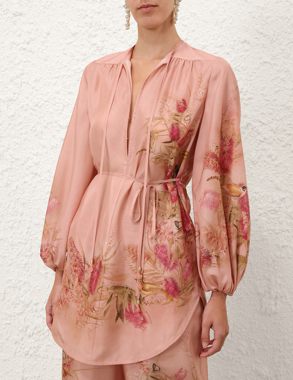 Cascadian Tunic Silk Top,  Pink Botanical Floral print