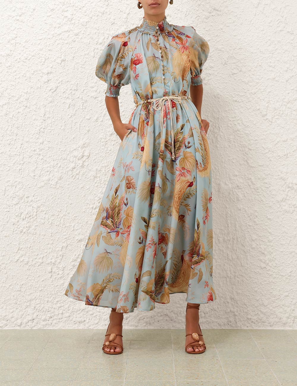 Ascension Billow Maxi Dress, aqua palm floral print