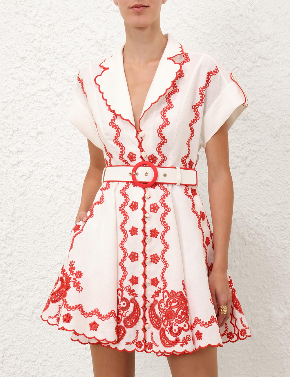 Lucky Embroidered Mini Dress, ivory-red