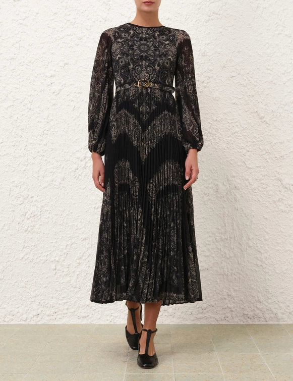 Sunray Long Sleeve Midi Dress, Black Paisley