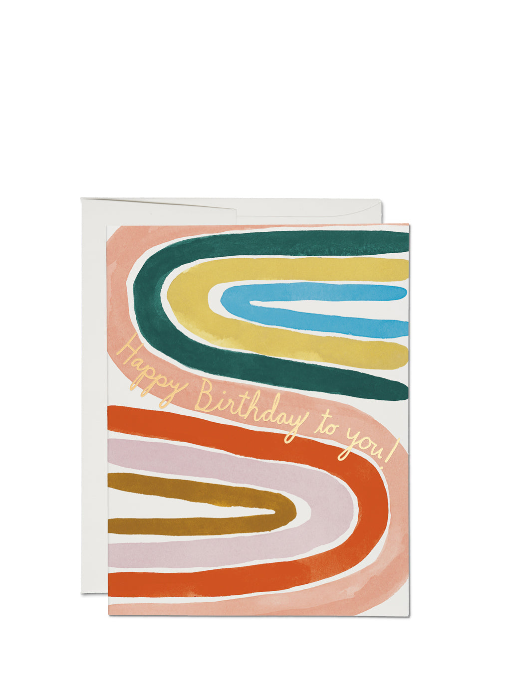A colorful birthday card with abstract rainbow shapes and the text 'Happy Birthday to you!' on the front, accompanied by an envelope.