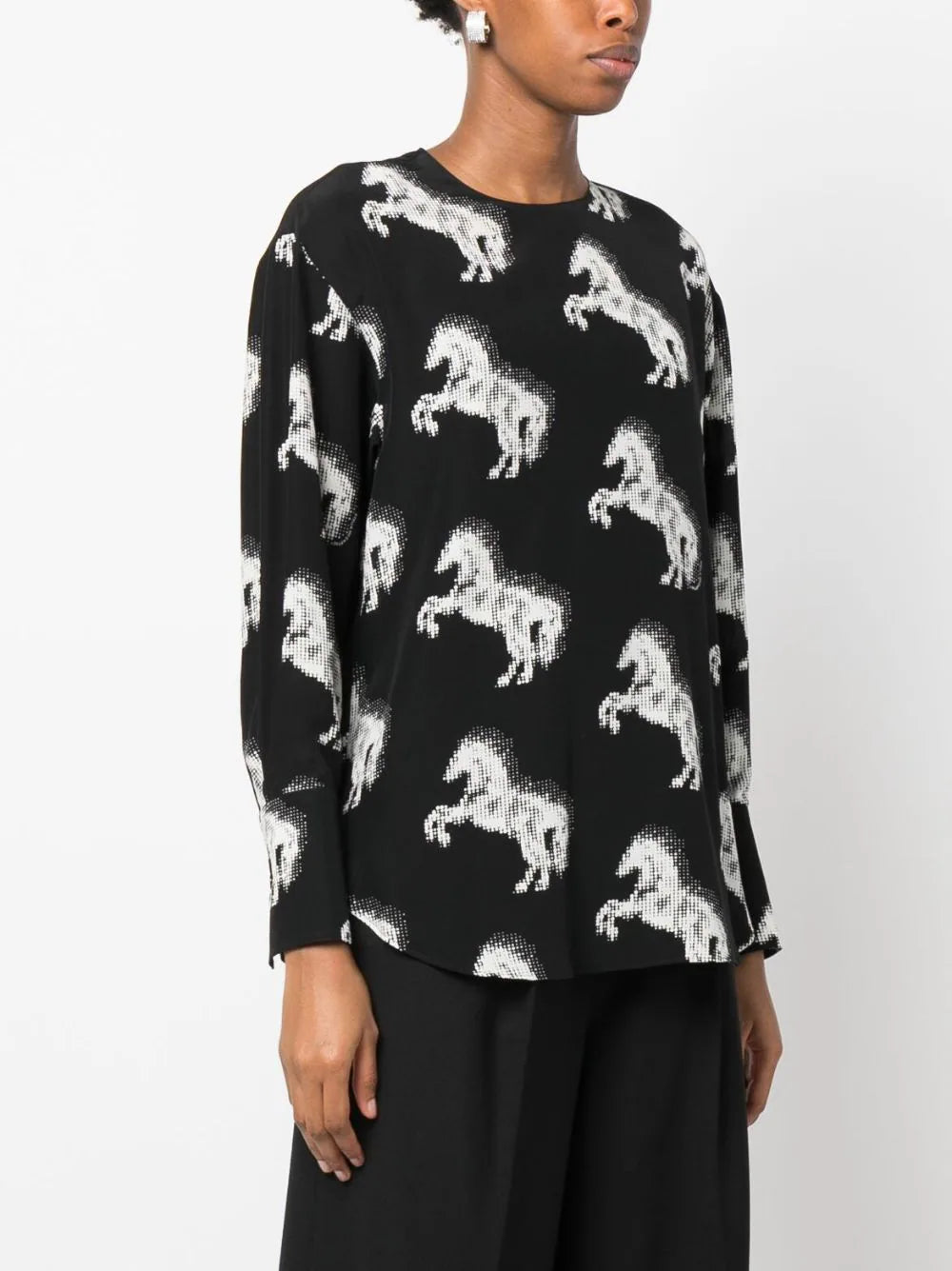 Pixel horses silk shirt, white-black