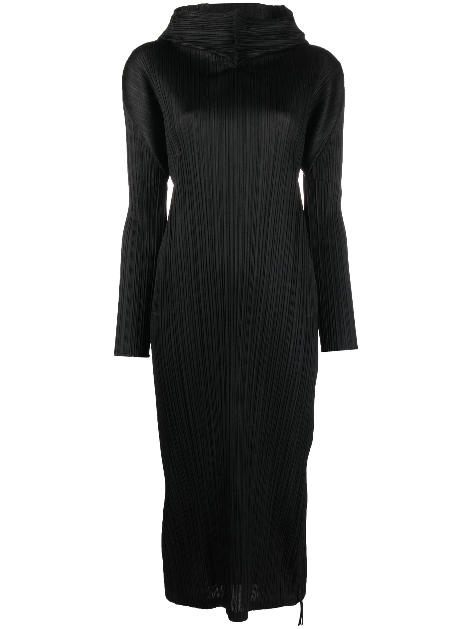 Pleated hooded long-sleeve midi dress, black