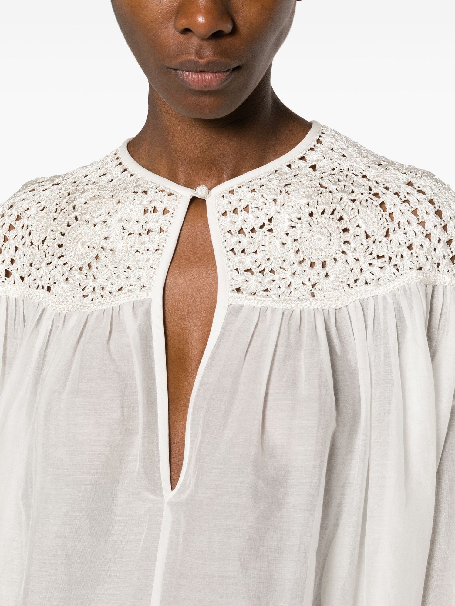 Cotton silk voile bohemian shirt crochet details, avorio