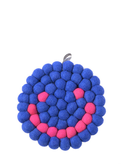 Smiley round wool trivet, blue moon