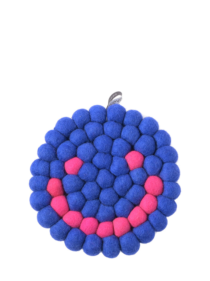 Smiley round wool trivet, blue moon