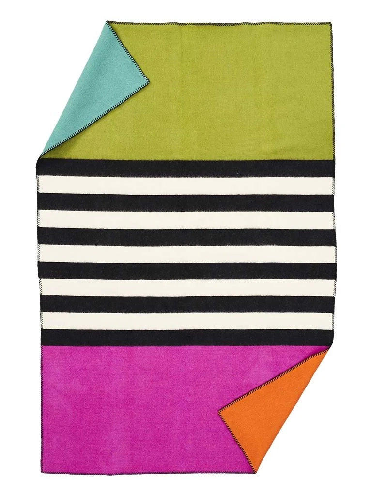 Colorful striped blanket with geometric pattern on a white background