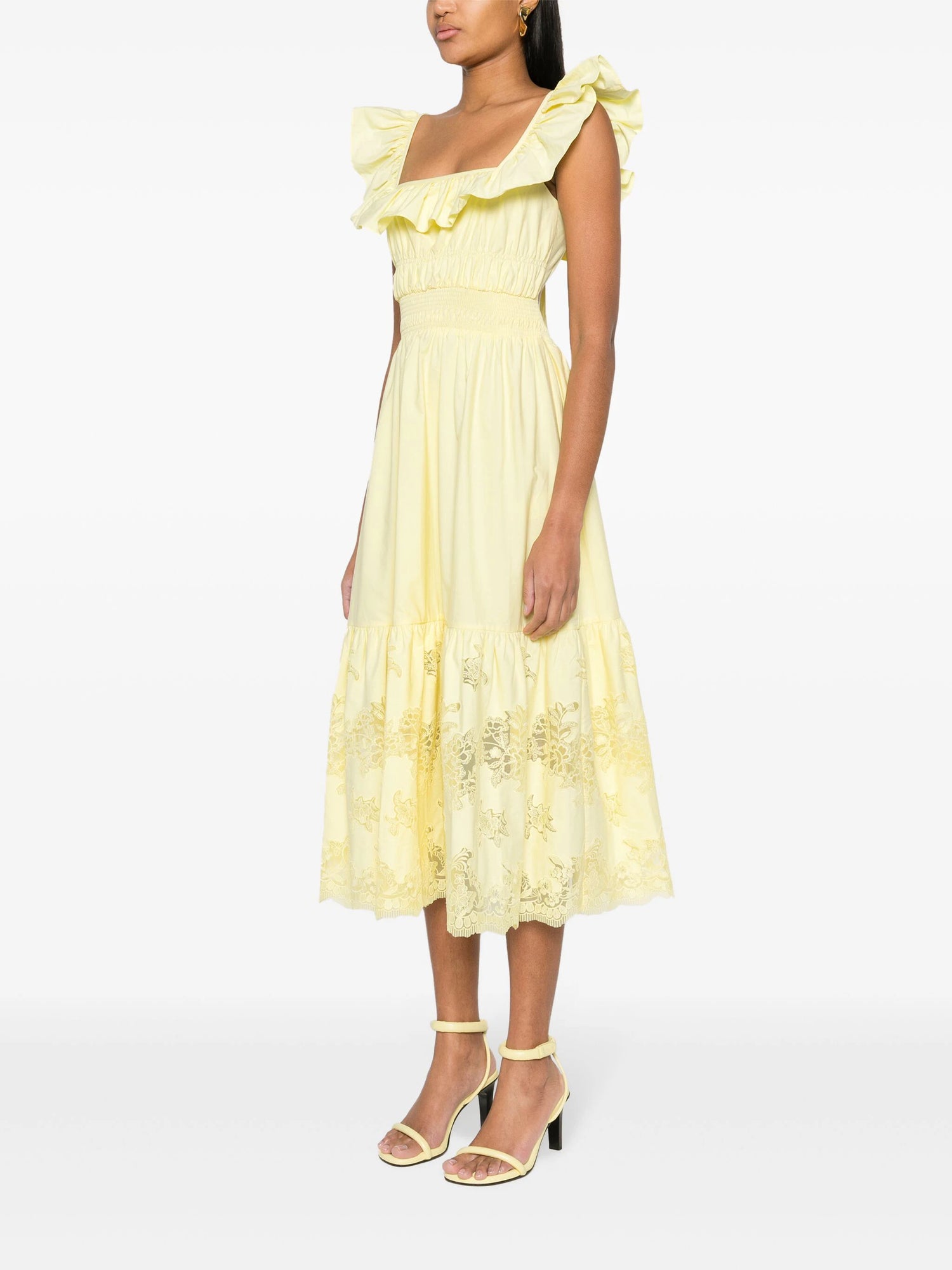 Cotton midi dress with lace, yellow