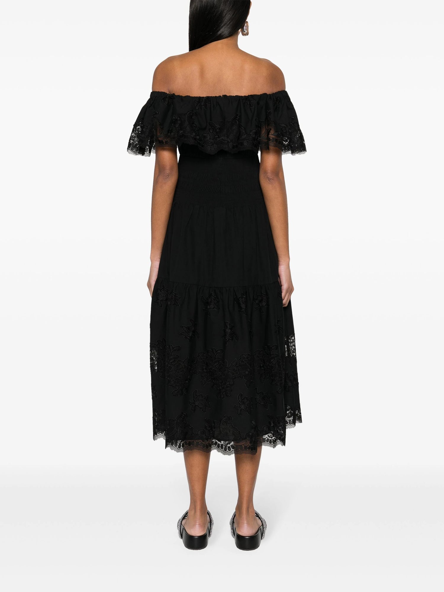 Cotton midi dress with lace, black