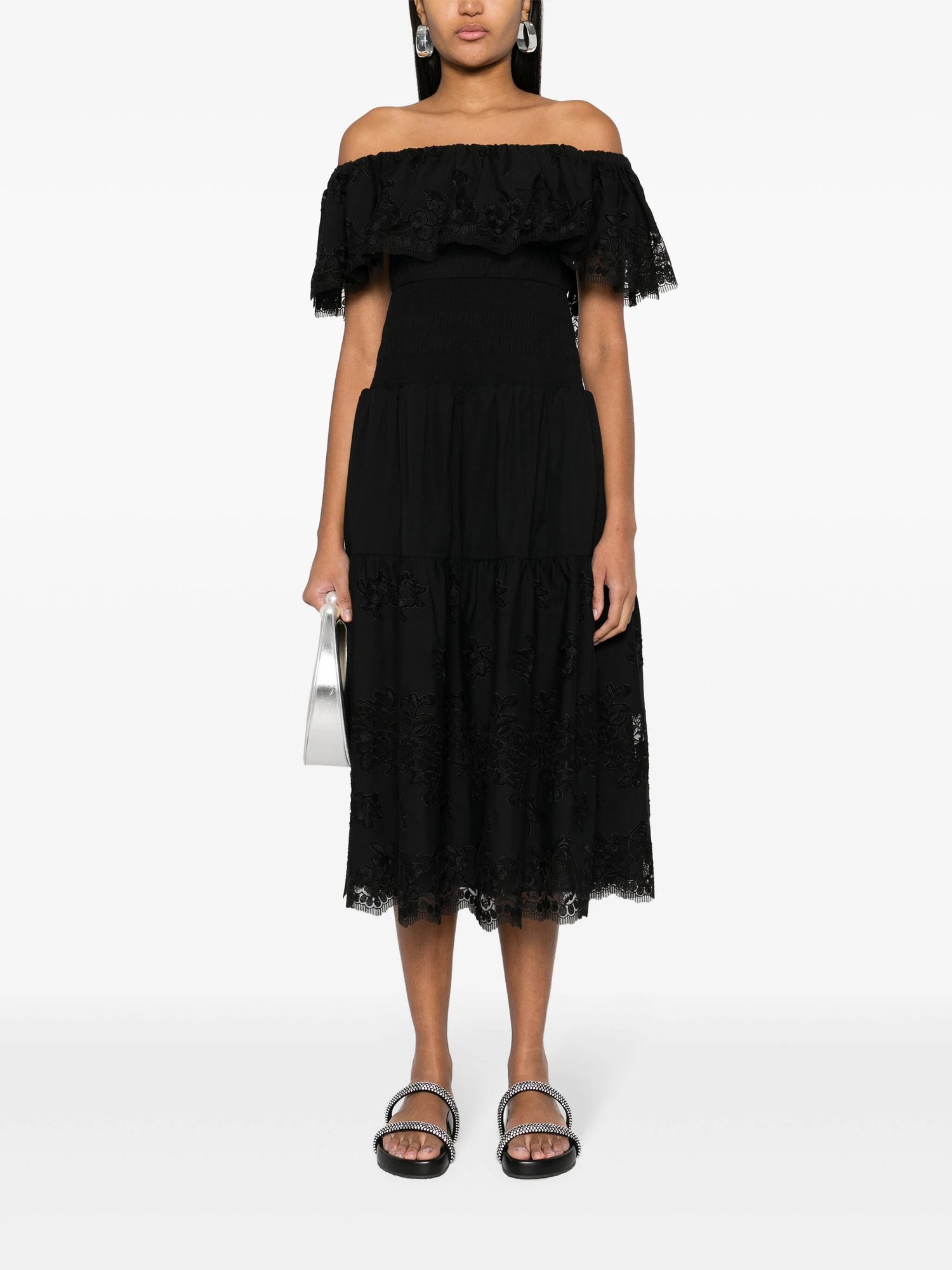 Cotton midi dress with lace, black