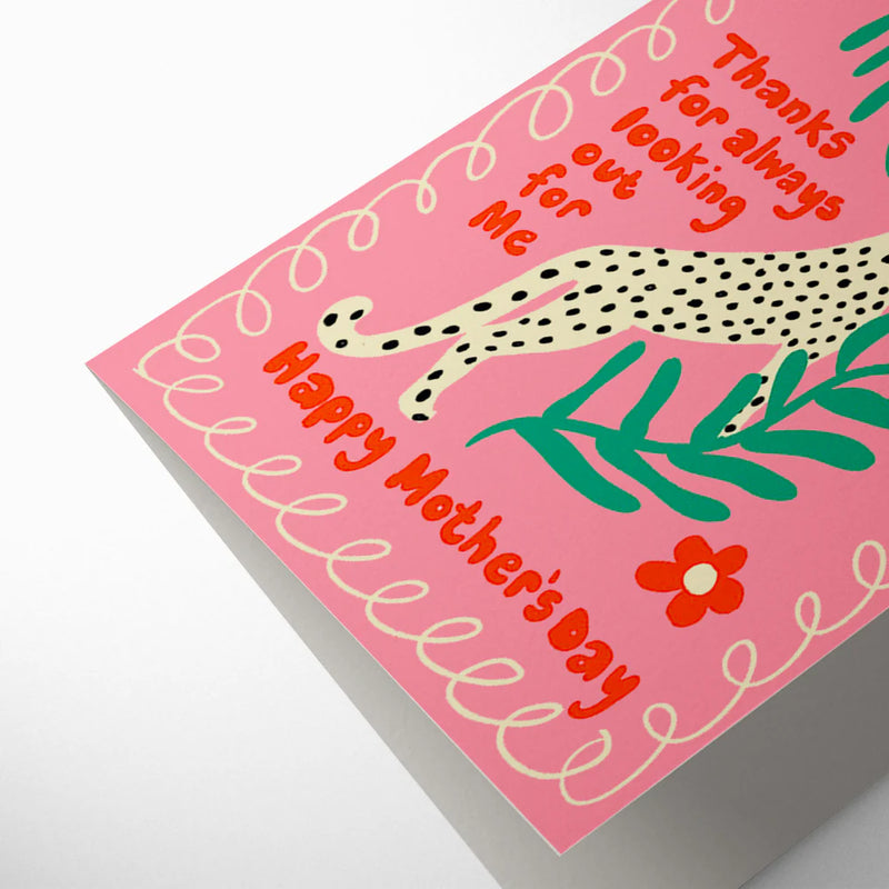 Pink Mother's Day card with leopard, flowers, and text on a white background