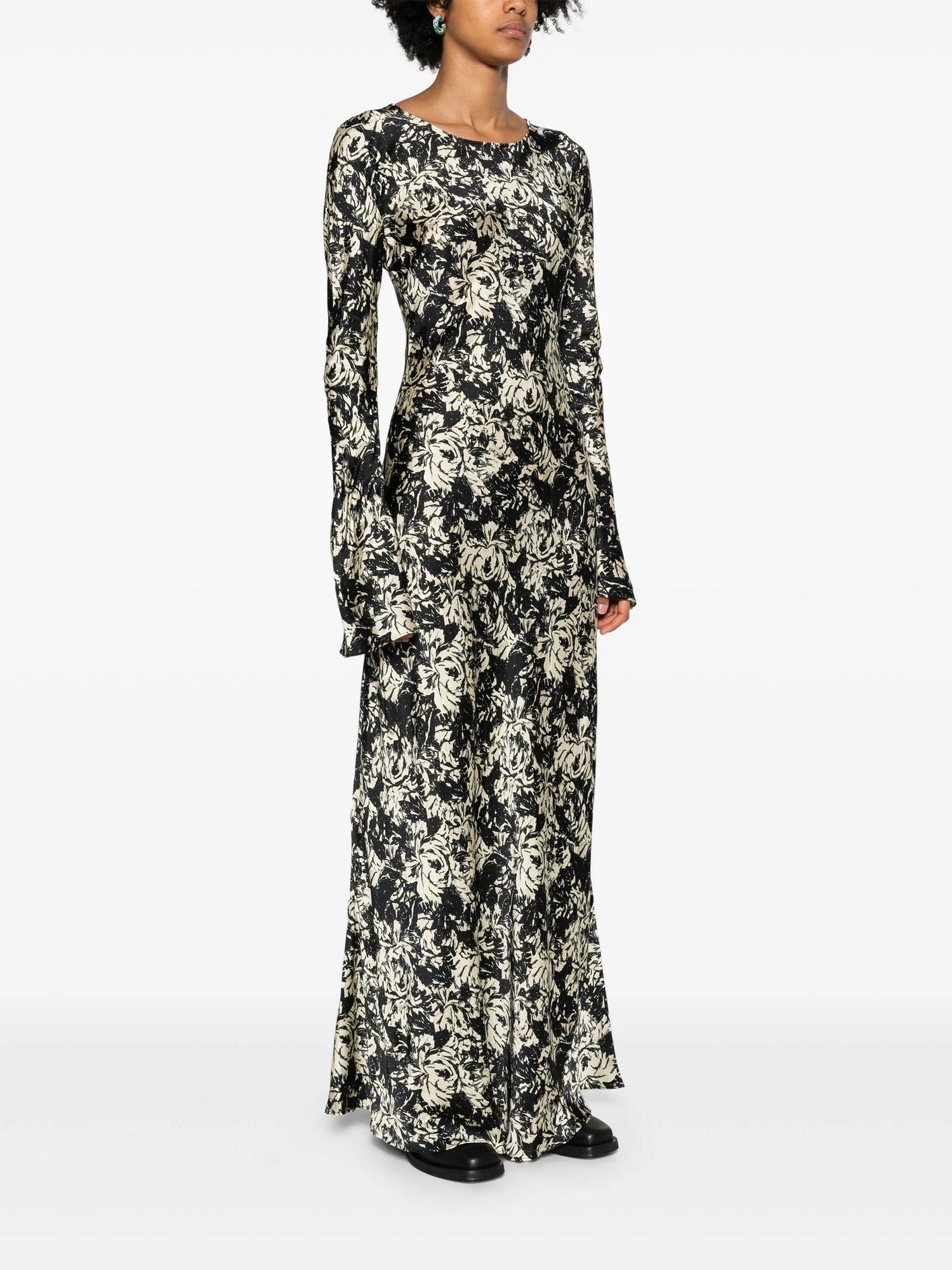 Printed Satin Maxi Dress, black/yellow