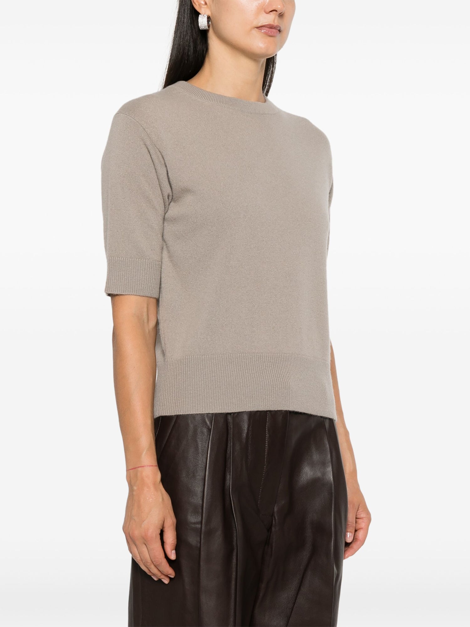 Crew neck cashmere sweater half sleeves, taupe