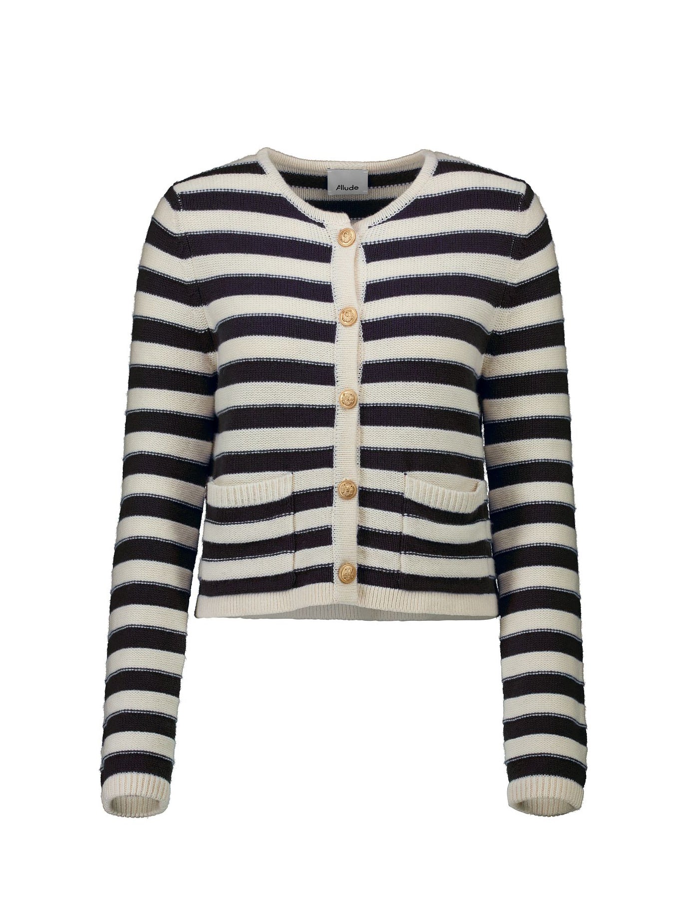 Round neck stripe cardigan w/ golden buttons, white-dark blue