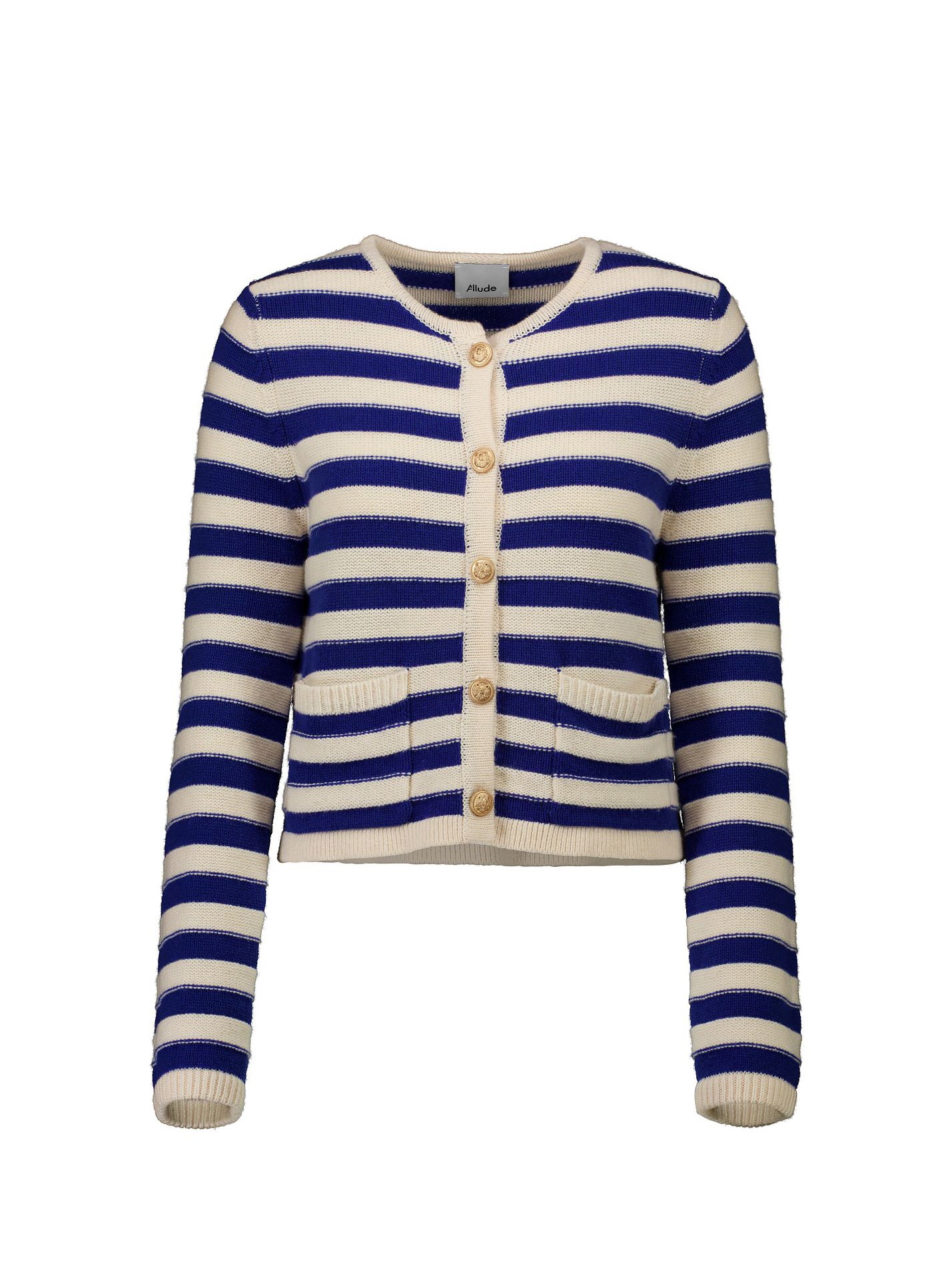 Round neck stripe cardigan w/ golden buttons, ivory-blue