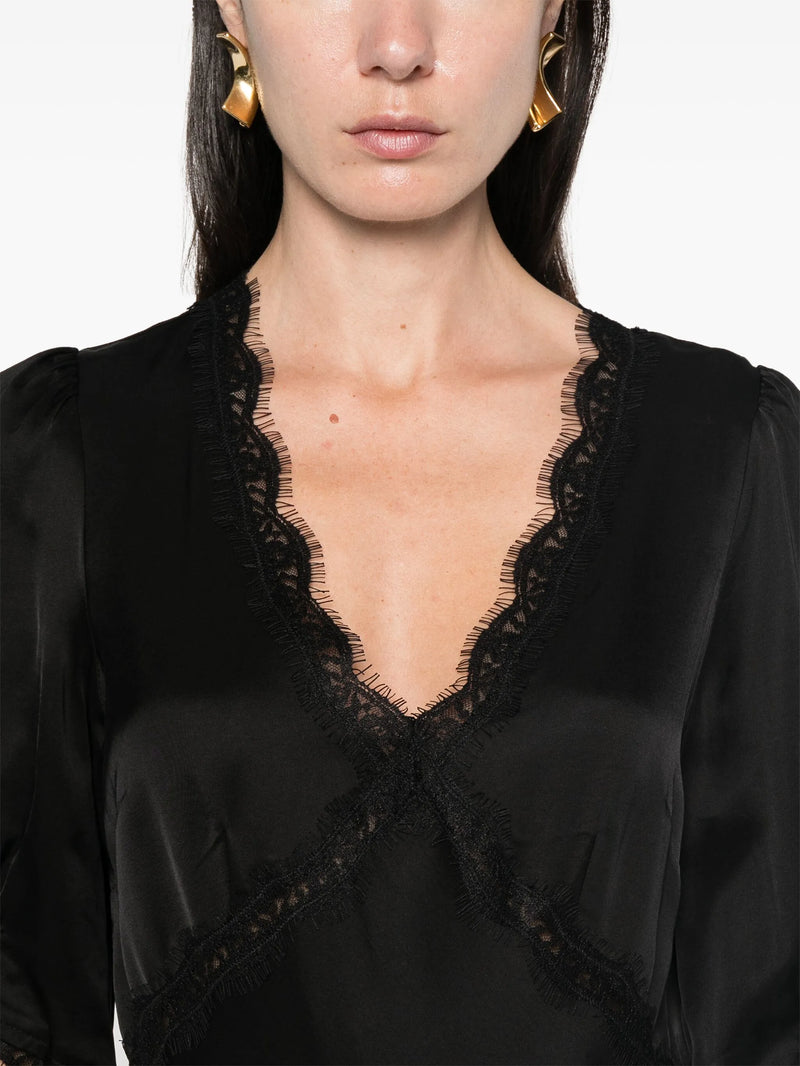 Annina satin lace dress, black