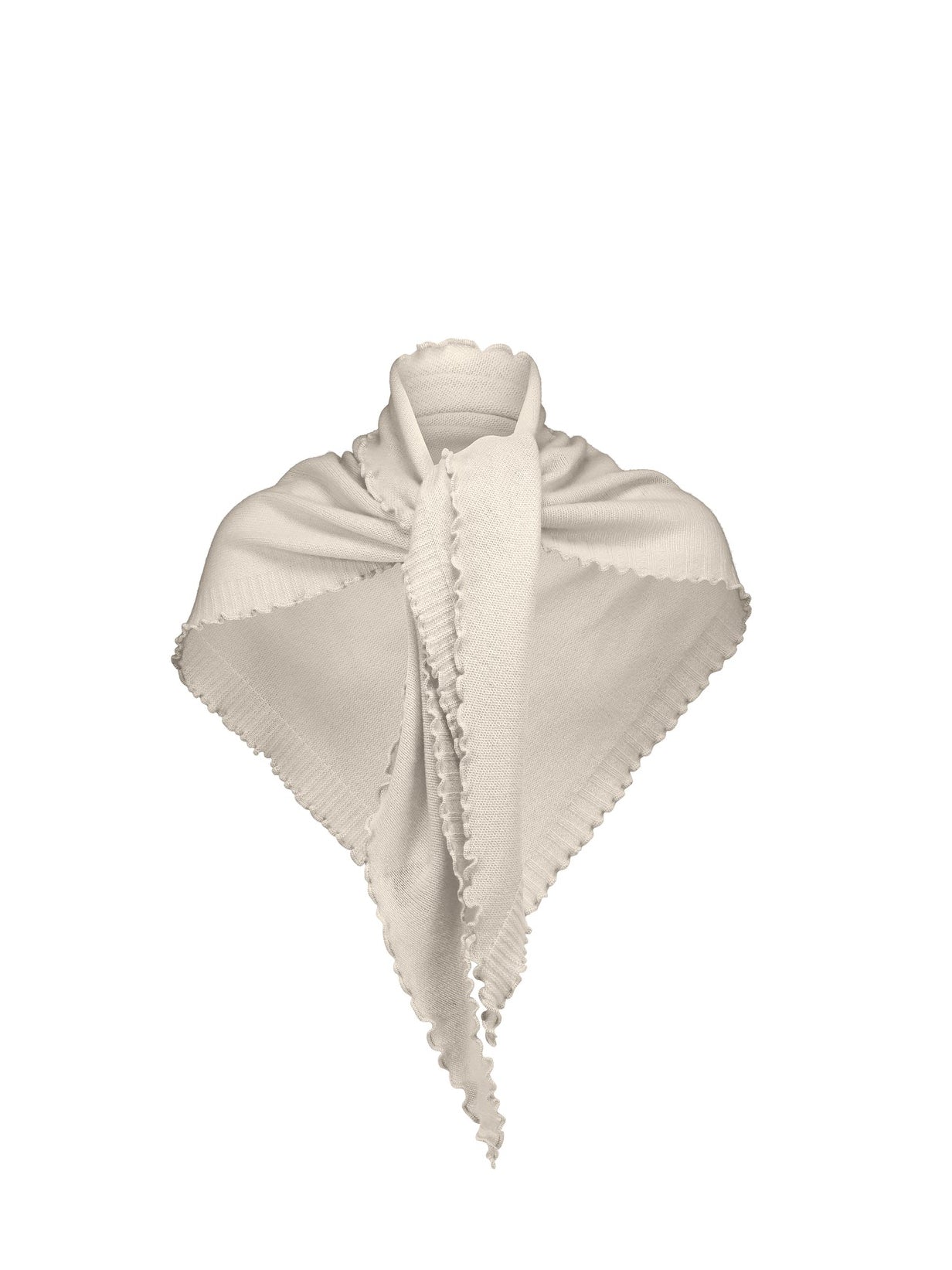 Cream triangle scarf with scalloped trim on a white background