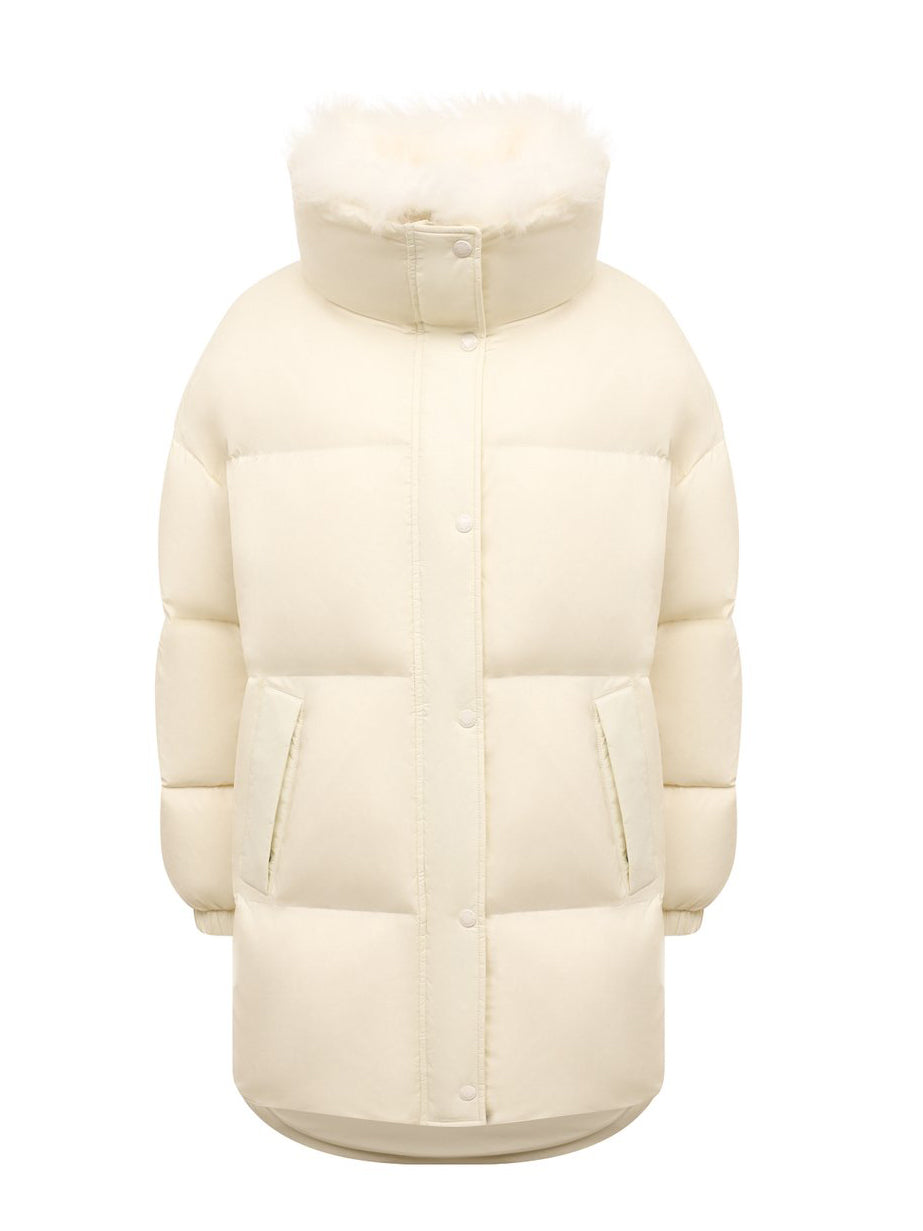 Stand collar down jacket with fluffy lambswool trim, meringue