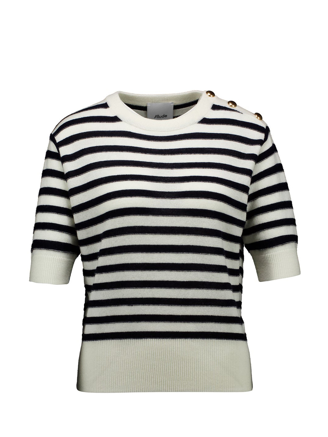 Short sleeve striped wool-cashmere sweater, black-white