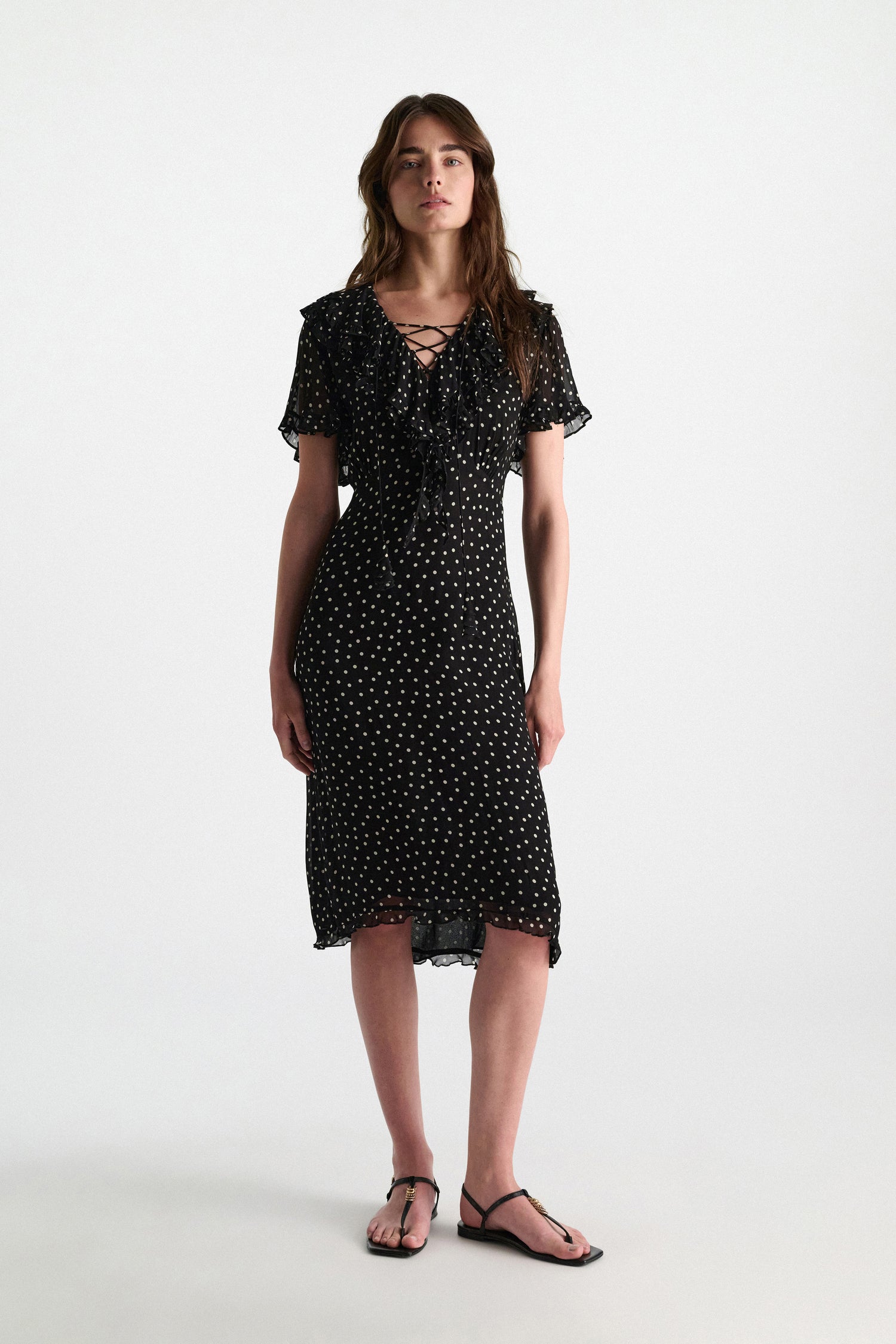 Polka dot dress in viscose georgette, black-white