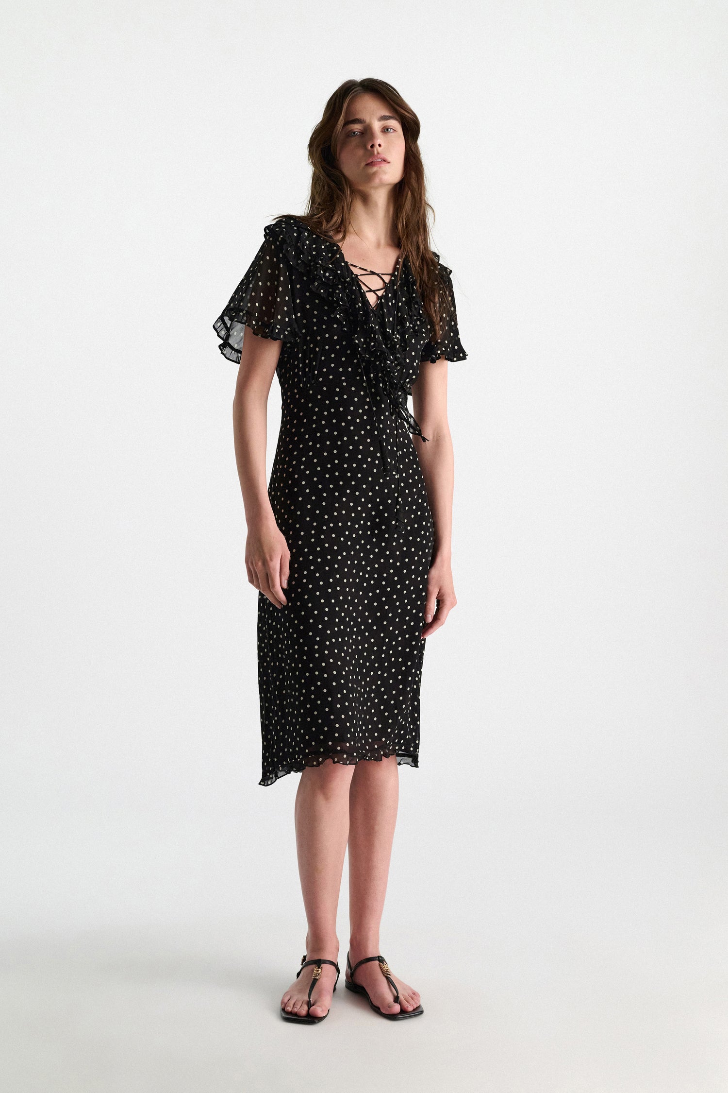Polka dot dress in viscose georgette, black-white