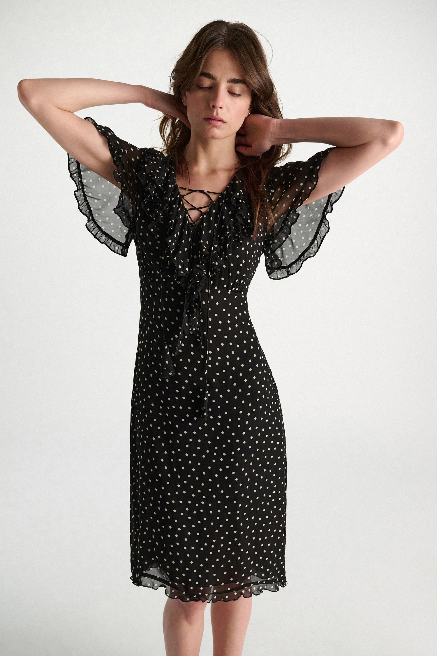 Polka dot dress in viscose georgette, black-white