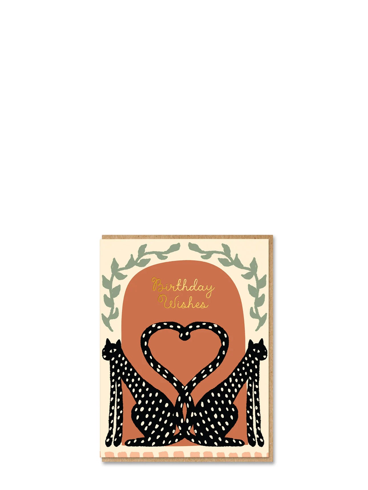 Greeting card with two leopards forming a heart and 'Birthday Wishes' text on a beige background.