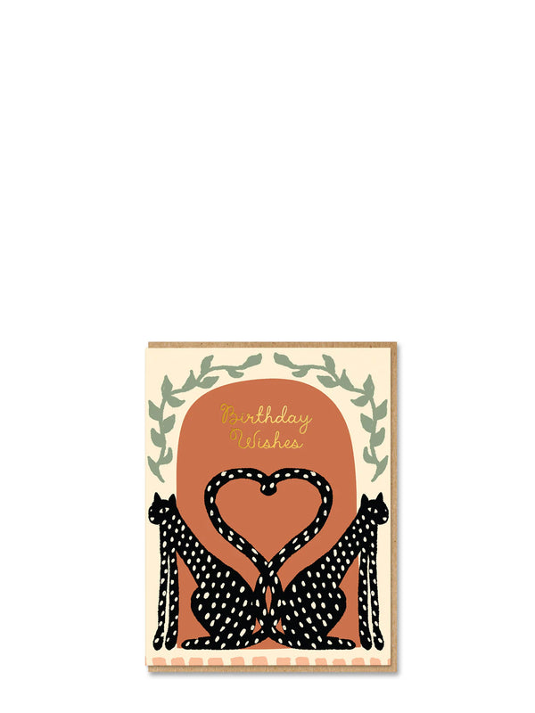 Greeting card with two leopards forming a heart and 'Birthday Wishes' text on a beige background.