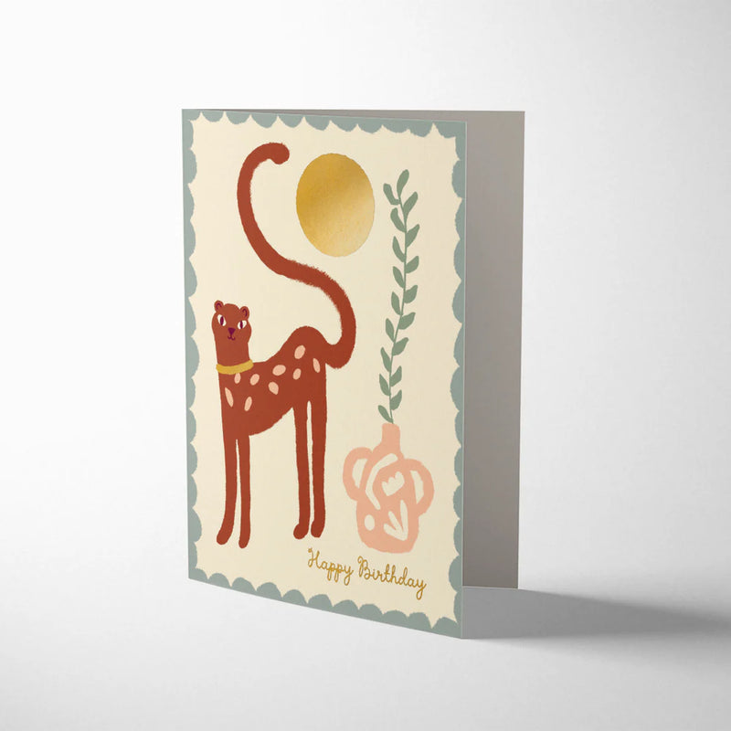 Greeting card with a stylized animal illustration and 'Happy Birthday' text on a plain background