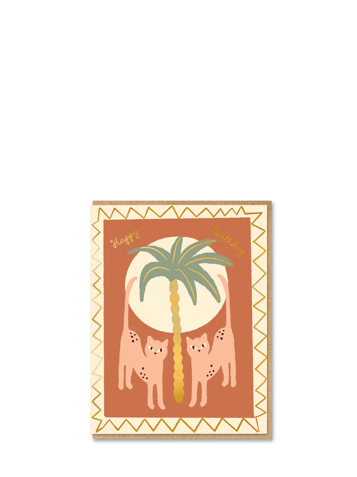Decorative card with cats and a palm tree design on a brown background