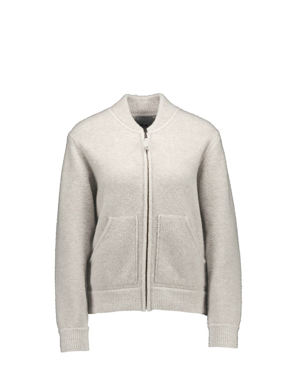 A light beige zip-up cardigan sweater with a ribbed collar, cuffs, and hem, featuring two front patch pockets, shown against a plain white background.