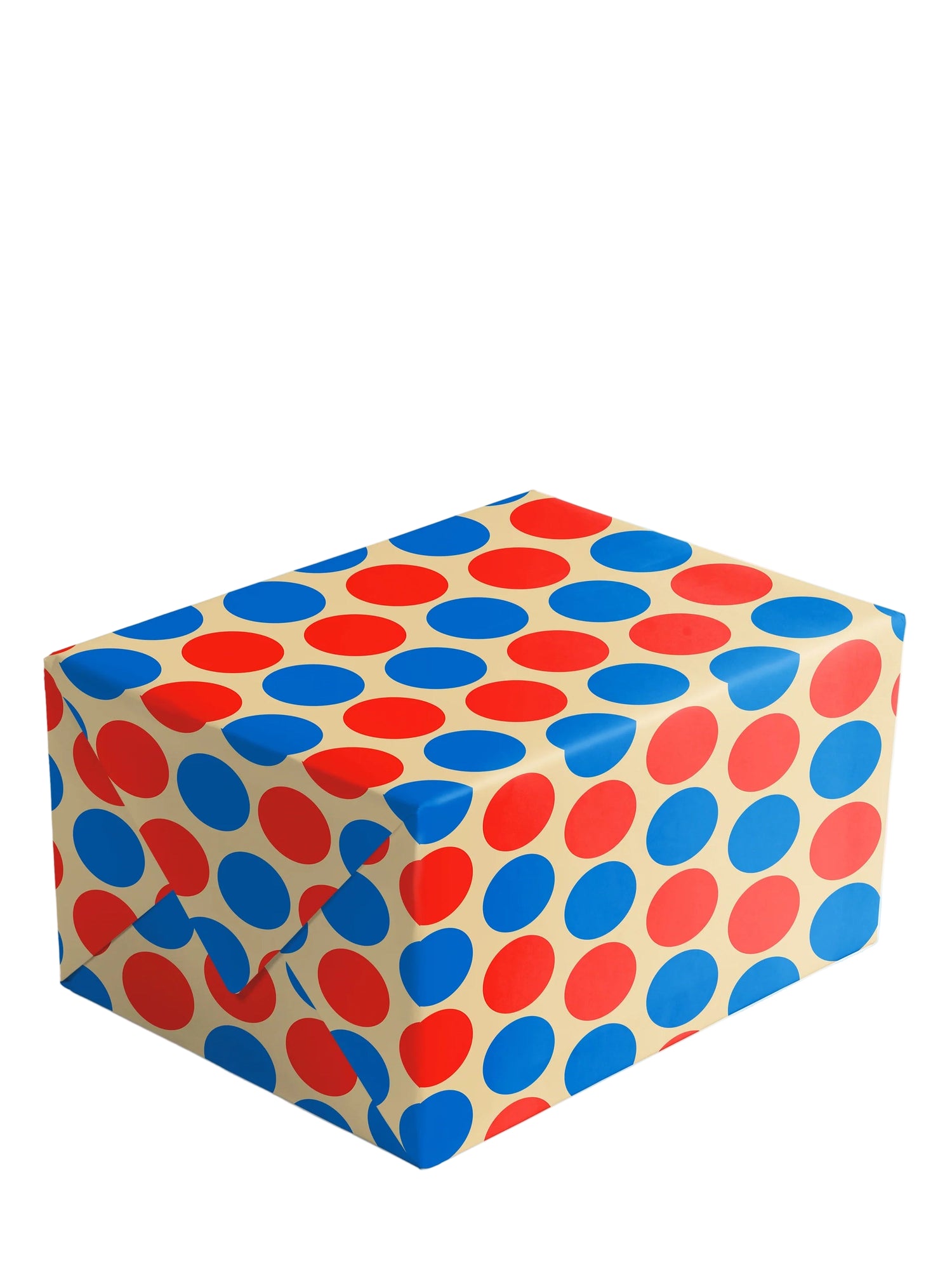 Rectangular box with red and blue polka dot pattern on a white background