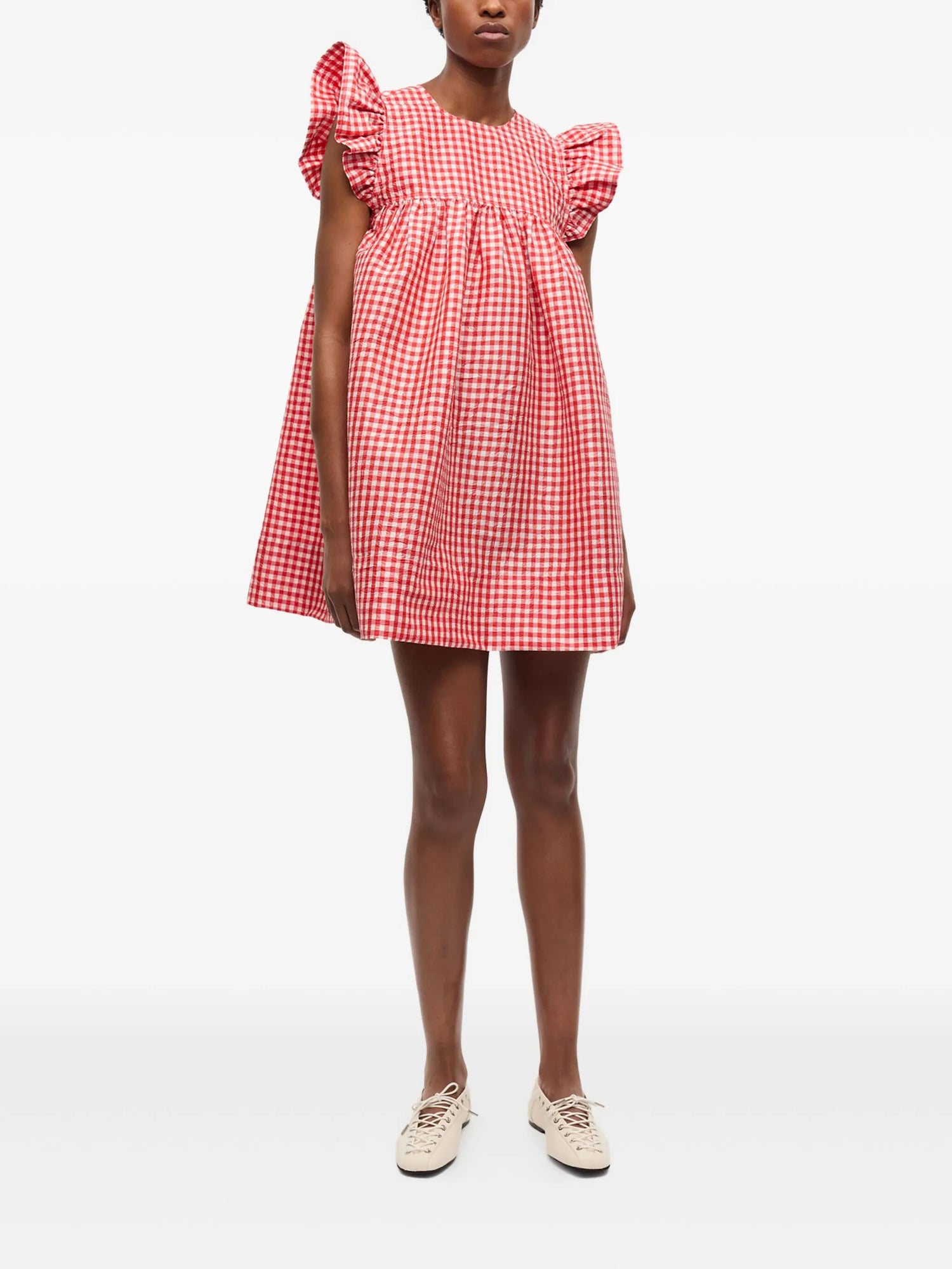 Crinkled Taffeta Check Frill Mini Dress