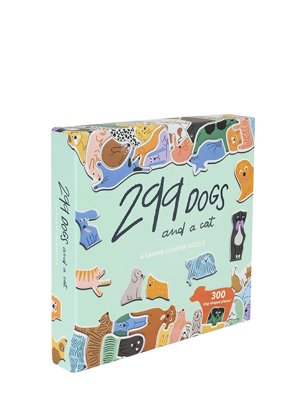 Puzzle box titled '299 Dogs and a Cat' with colorful illustrations on a light green background.
