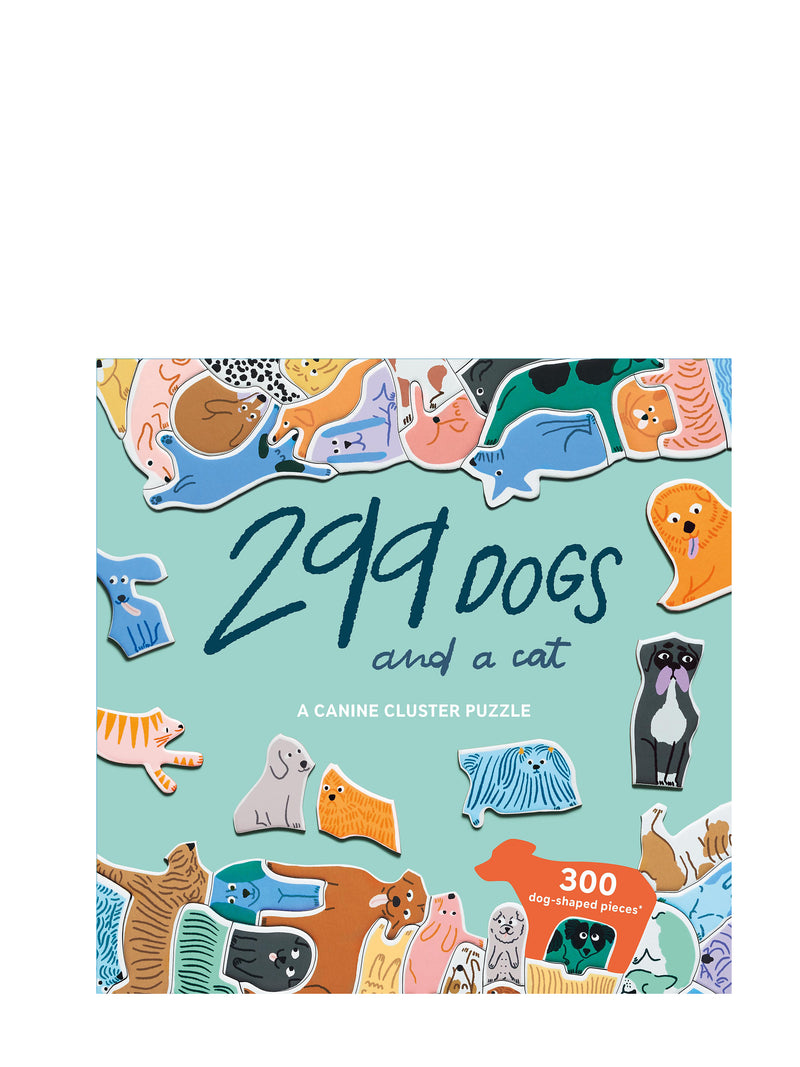 Puzzle box with colorful dog and cat illustrations on a blue background