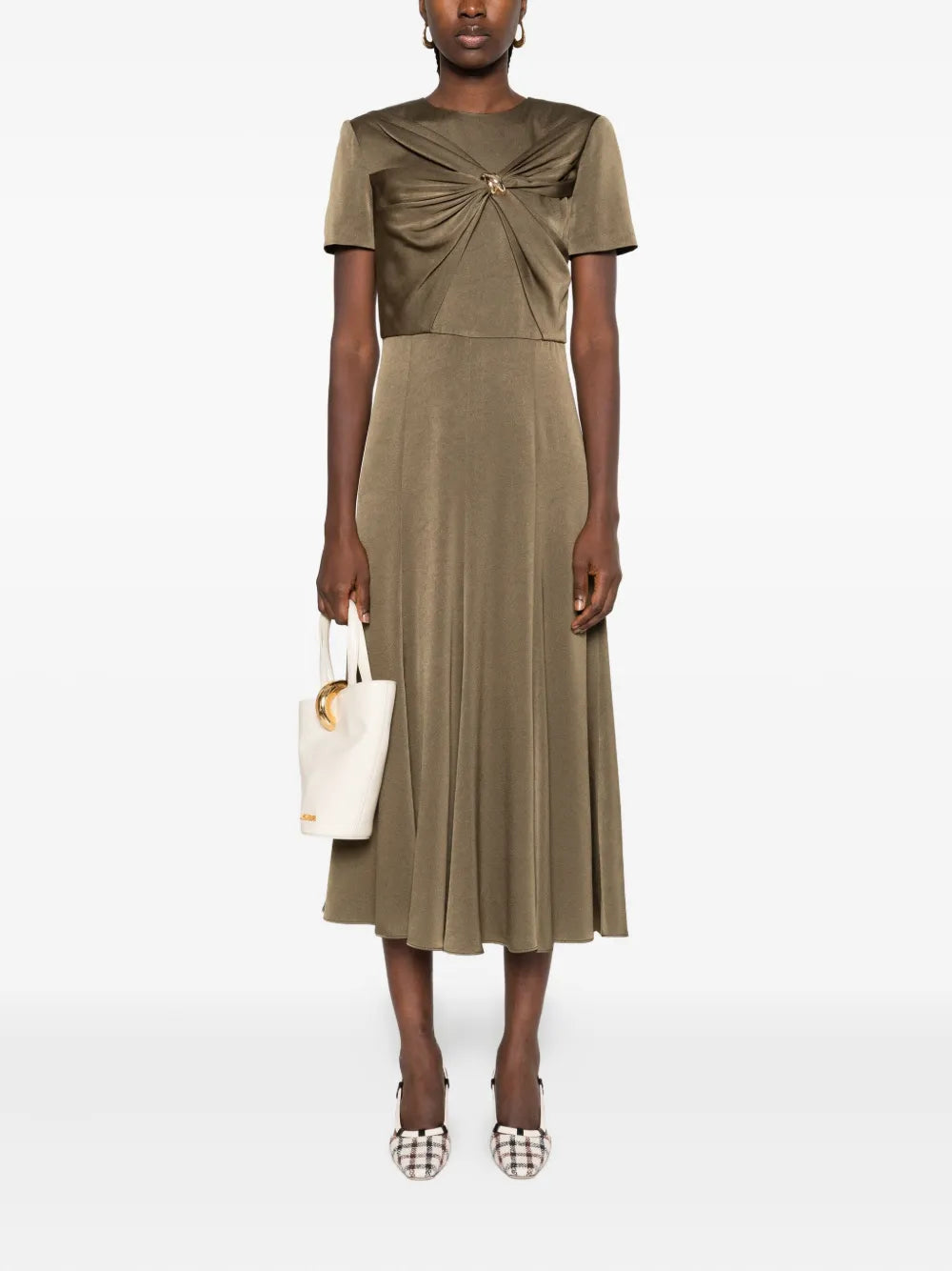 Satin Crepe Drape Midi Dress, khaki