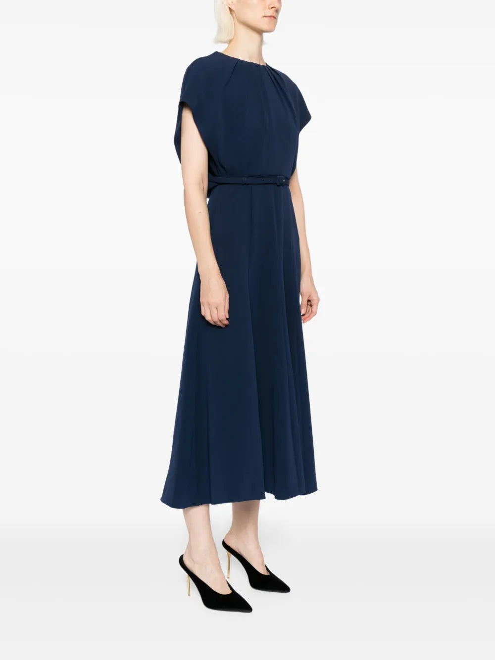 Light cady cape midi dress with belt, navy