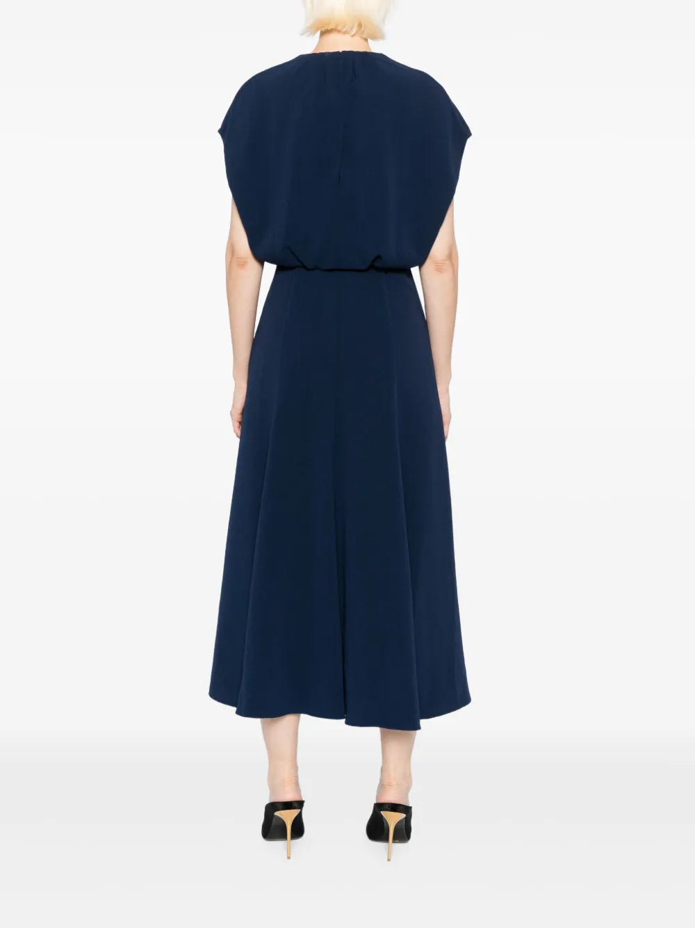 Light cady cape midi dress with belt, navy