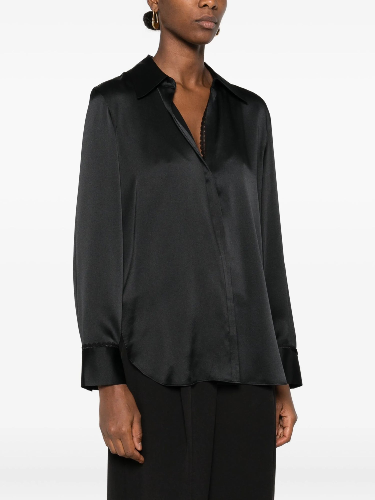 Lace Trim Silk Relaxed Shirt, black