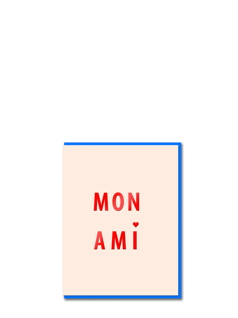 Card with 'MON AMI' text on a beige background