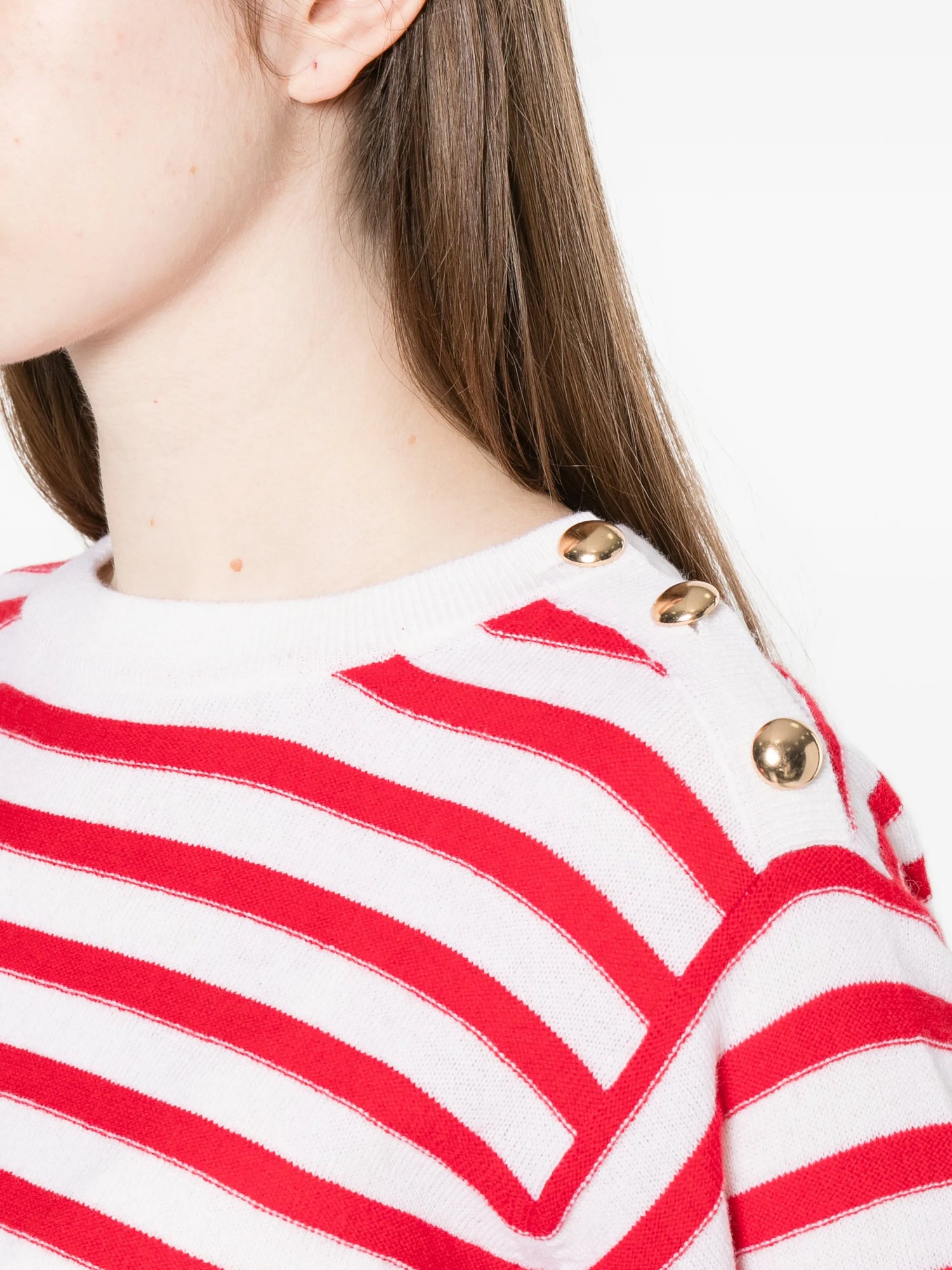 Short sleeve striped wool-cashmere sweater, red-white